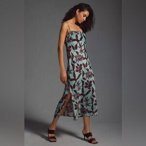 Anthropologie Squareneck Midi Slip Dress in Teal Brown Size Medium